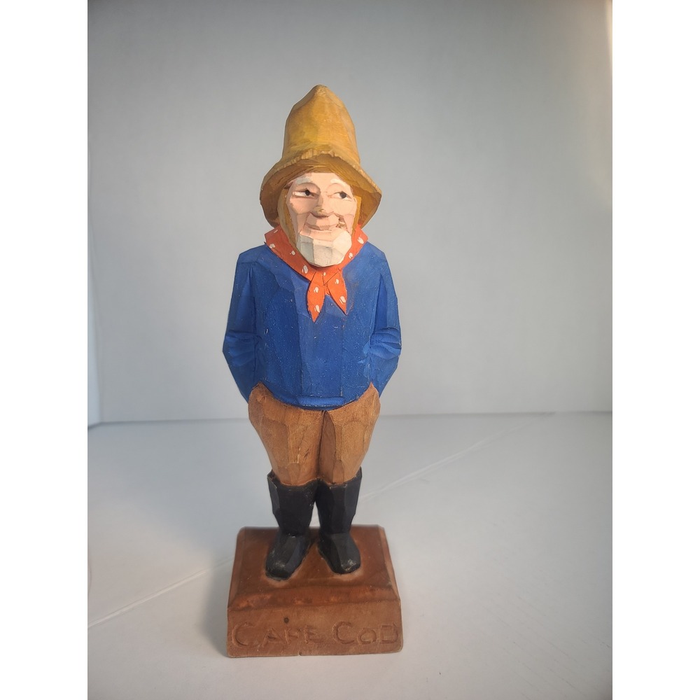 Vintage Cape Cod Fisherman Wood Carving Hand Painted Hannah Canada Folk Art 8.5"